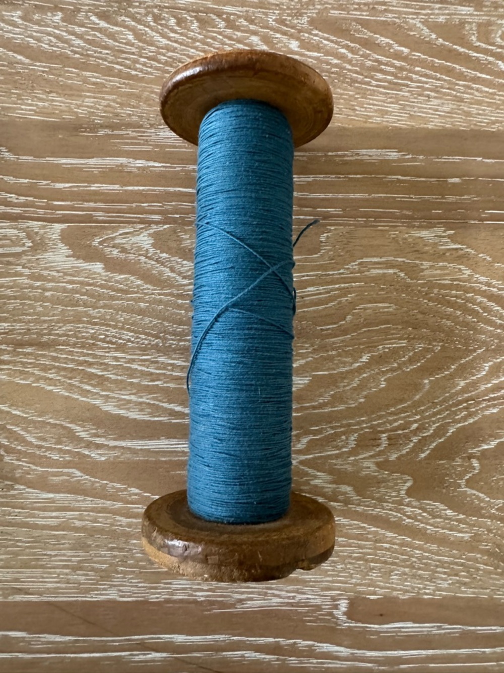 Vintage Wooden Bobbin Spool Wrapped in Blue Thread
